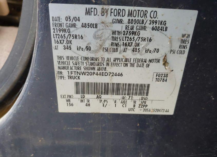 Photo 9 of 2004 Ford F-250 LARIAT/XL/XLT (VIN 1FTNW20P44ED72446)