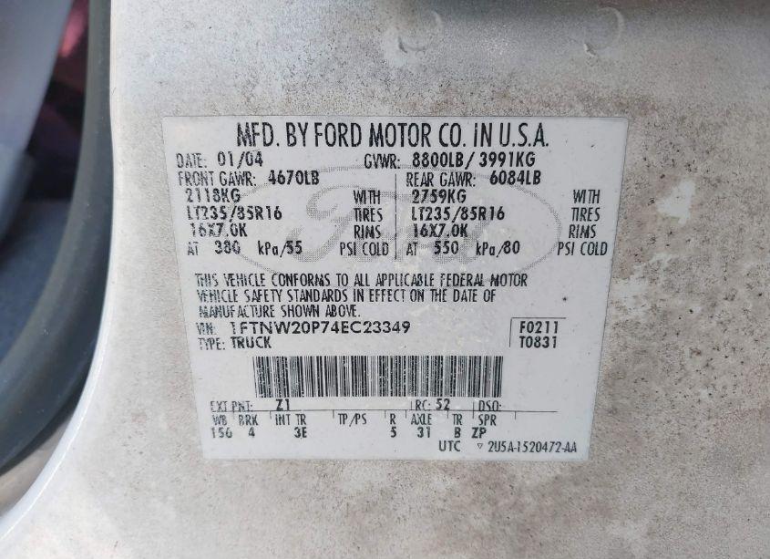 Photo 9 of 2004 Ford F-250 LARIAT/XL/XLT (VIN 1FTNW20P74EC23349)