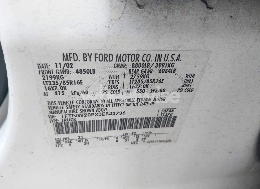 Photo 9 of 2003 Ford F-250 LARIAT/XL/XLT (VIN 1FTNW20PX3EB43736)