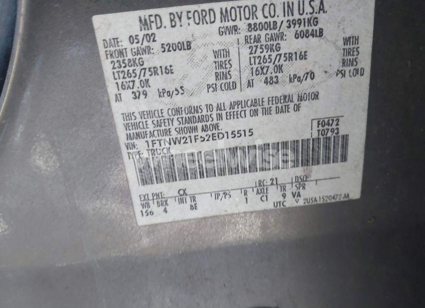 Photo 9 of 2002 Ford F-250 LARIAT/XL/XLT (VIN 1FTNW21F52ED15515)