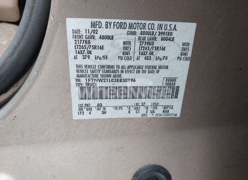 Photo 9 of 2003 Ford F-250 LARIAT/XL/XLT (VIN 1FTNW21L03EB30196)