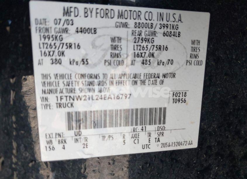 Photo 9 of 2004 Ford F-250 LARIAT/XL/XLT (VIN 1FTNW21L24EA16797)