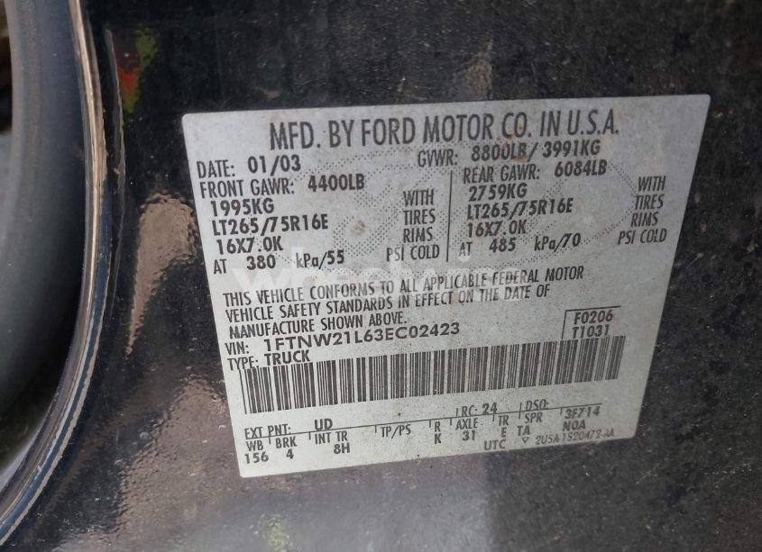 Photo 9 of 2003 Ford F-250 LARIAT/XL/XLT (VIN 1FTNW21L63EC02423)