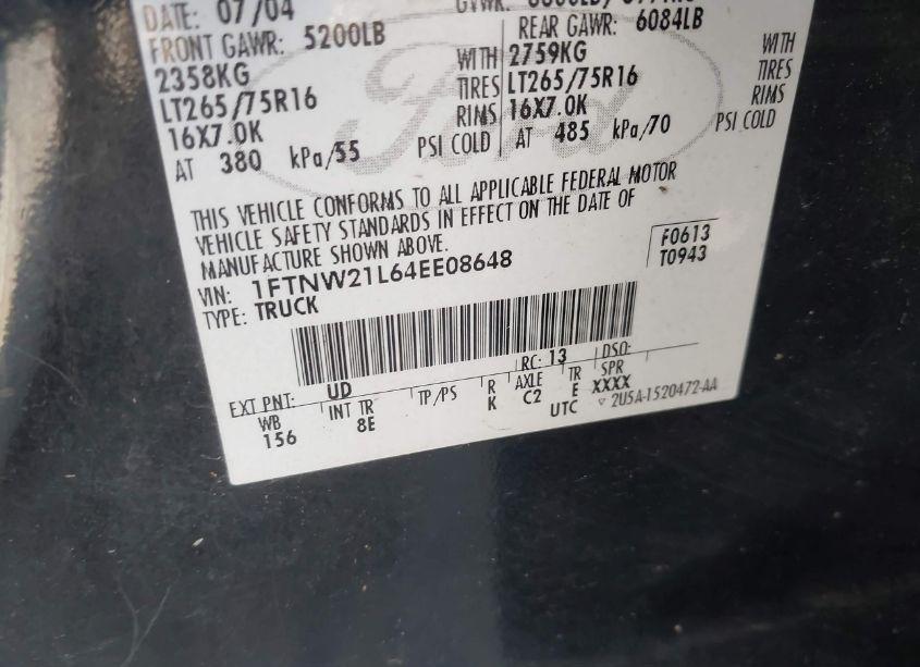 Photo 9 of 2004 Ford F-250 LARIAT/XL/XLT (VIN 1FTNW21L64EE08648)