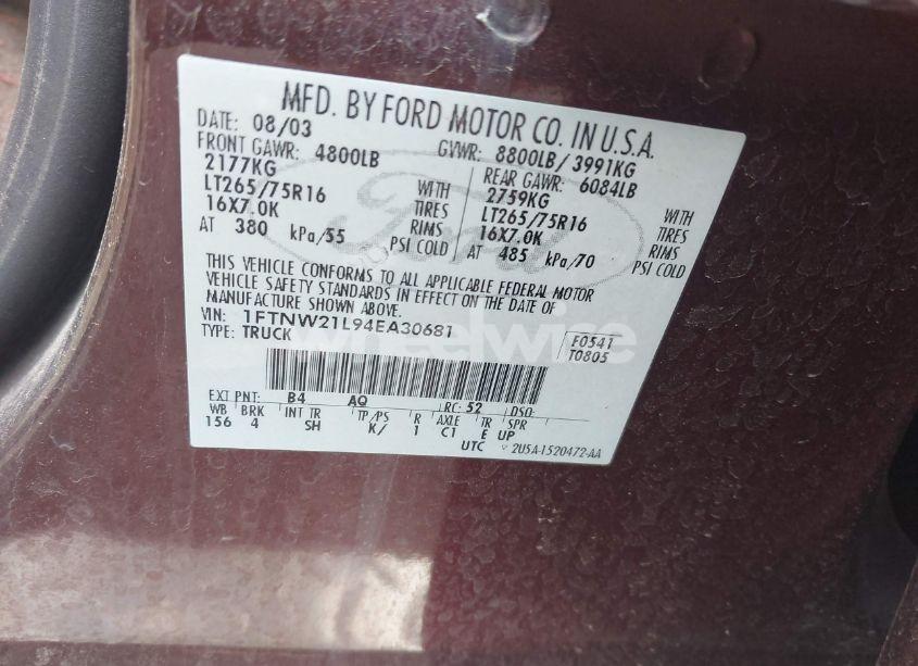 Photo 9 of 2004 Ford F-250 LARIAT/XL/XLT (VIN 1FTNW21L94EA30681)