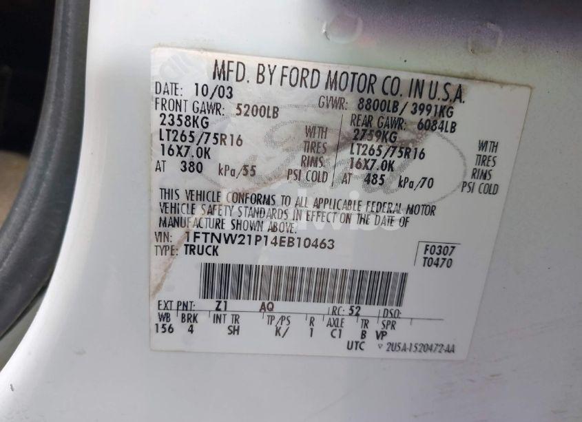 Photo 9 of 2004 Ford F-250 LARIAT/XL/XLT (VIN 1FTNW21P14EB10463)