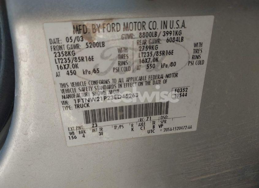 Photo 9 of 2003 Ford F-250 LARIAT/XL/XLT (VIN 1FTNW21P23ED46263)