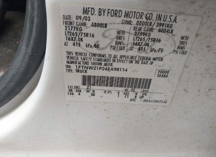 Photo 9 of 2004 Ford F-250 LARIAT/XL/XLT (VIN 1FTNW21P24EA98114)