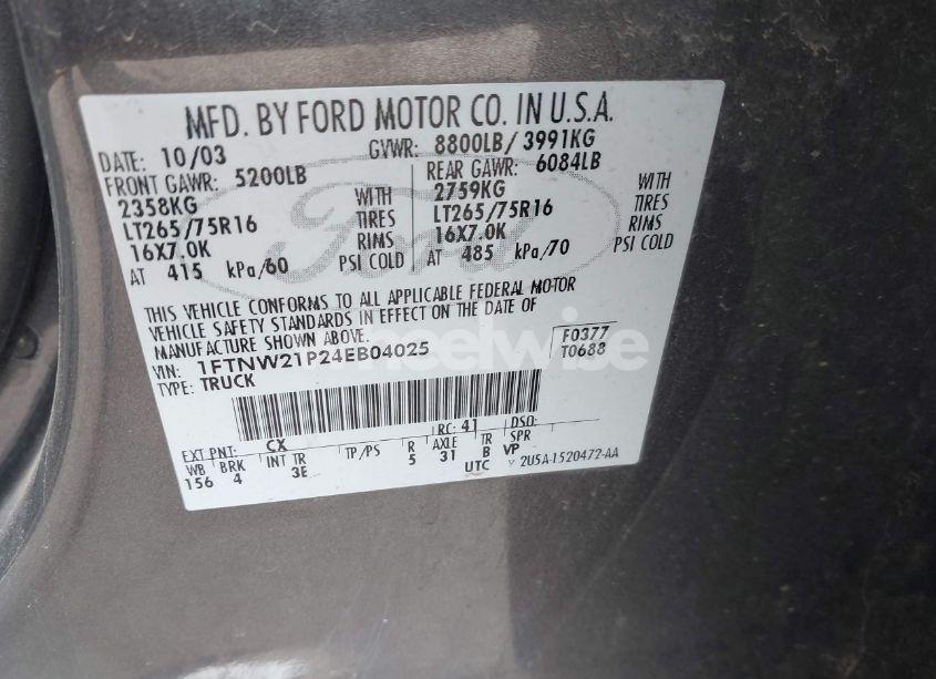 Photo 9 of 2004 Ford F-250 LARIAT/XL/XLT (VIN 1FTNW21P24EB04025)