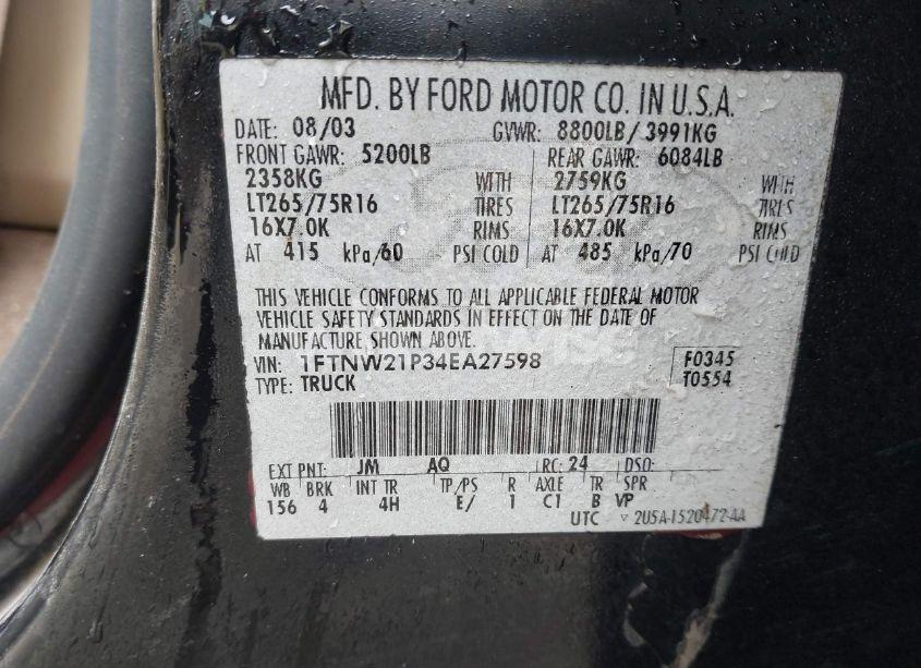 Photo 9 of 2004 Ford F-250 (VIN 1FTNW21P34EA27598)