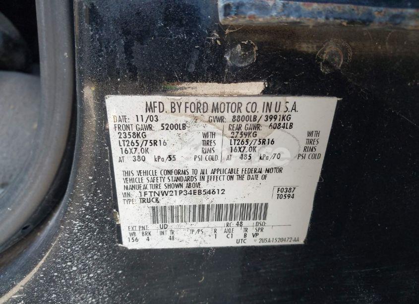 Photo 9 of 2004 Ford F-250 LARIAT/XL/XLT (VIN 1FTNW21P34EB54612)