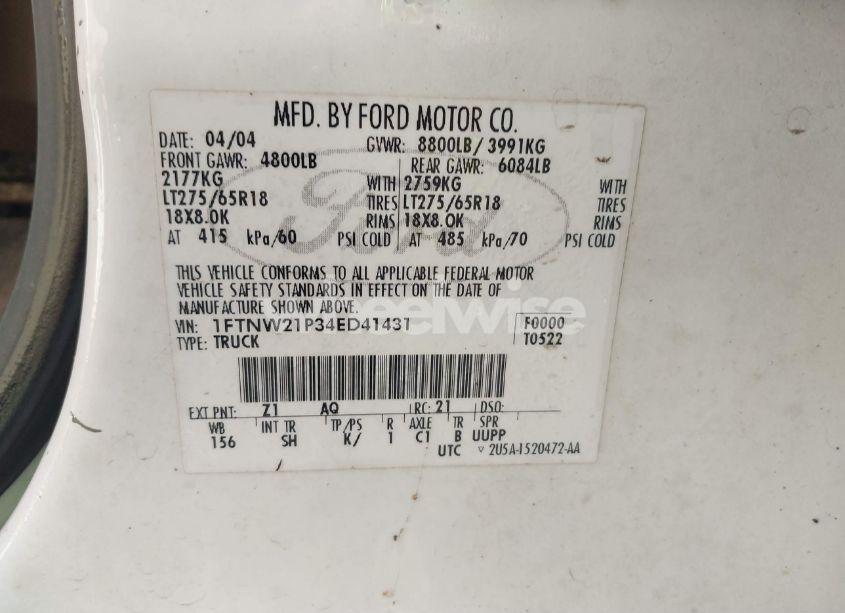 Photo 9 of 2004 Ford F-250 LARIAT/XL/XLT (VIN 1FTNW21P34ED41431)