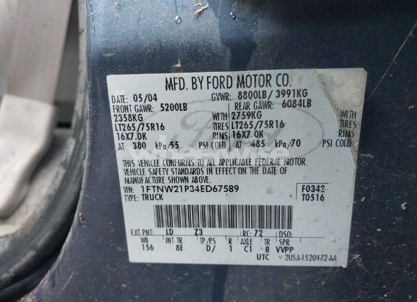 Photo 9 of 2004 Ford F-250 LARIAT/XL/XLT (VIN 1FTNW21P34ED67589)