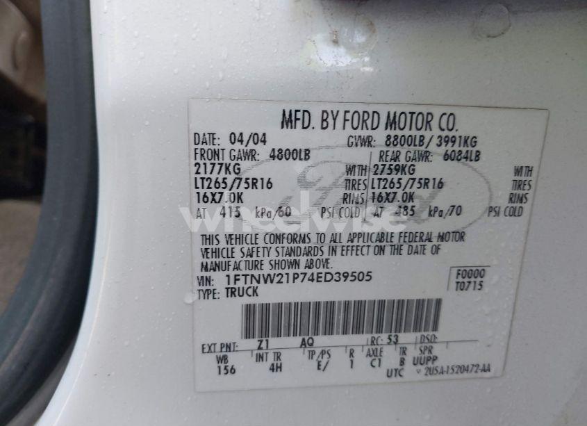 Photo 9 of 2004 Ford F-250 LARIAT/XL/XLT (VIN 1FTNW21P74ED39505)