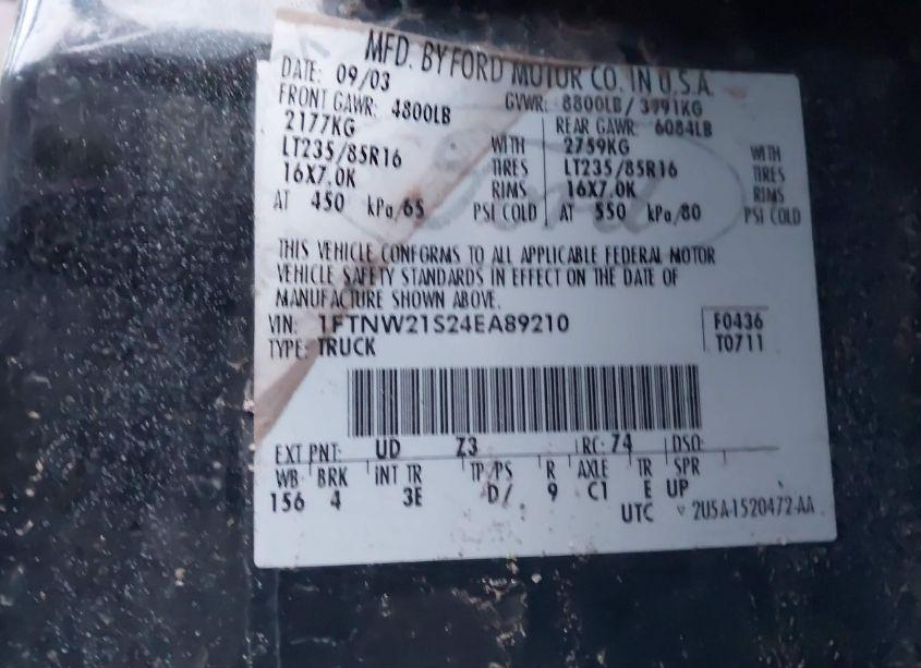 Photo 9 of 2004 Ford F-250 LARIAT/XL/XLT (VIN 1FTNW21S24EA89210)