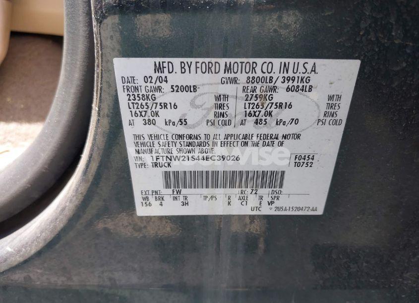 Photo 9 of 2004 Ford F-250 LARIAT/XL/XLT (VIN 1FTNW21S44EC39026)