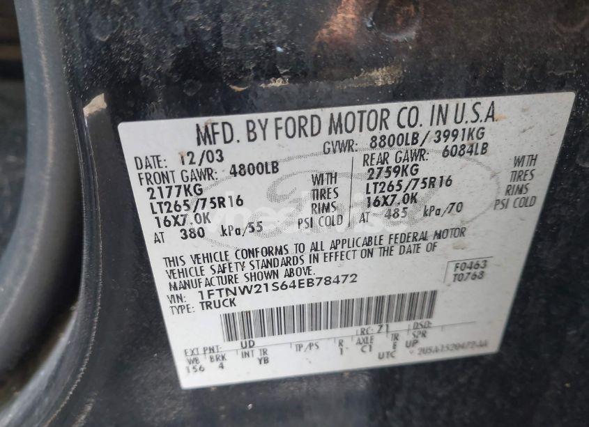 Photo 9 of 2004 Ford F-250 LARIAT/XL/XLT (VIN 1FTNW21S64EB78472)