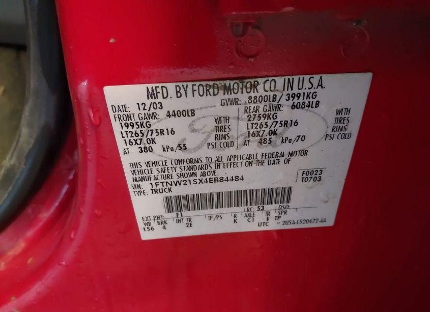 Photo 9 of 2004 Ford F-250 LARIAT/XL/XLT (VIN 1FTNW21SX4EB84484)