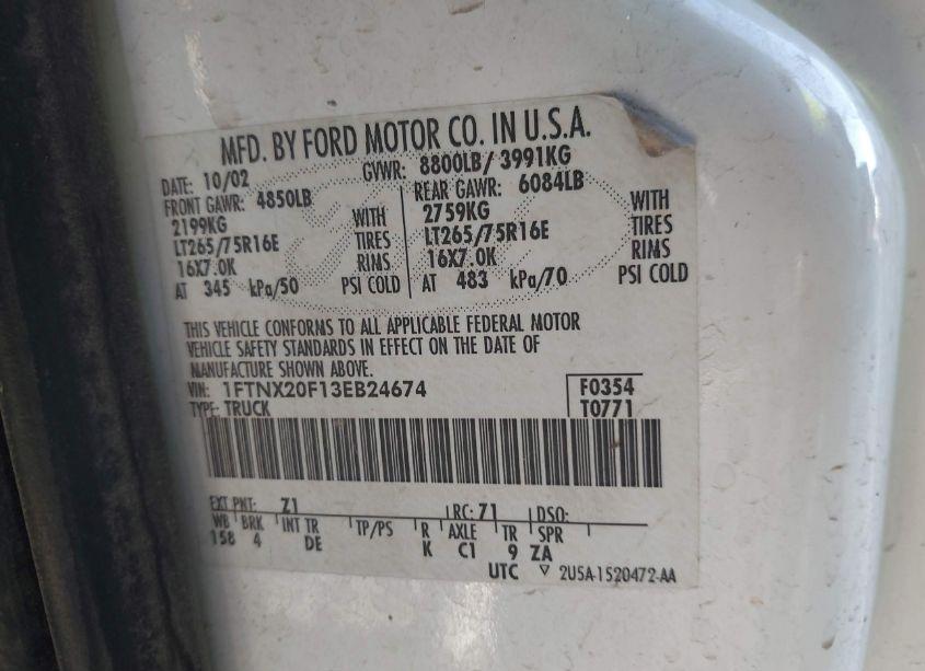 Photo 9 of 2003 Ford F-250 LARIAT/XL/XLT (VIN 1FTNX20F13EB24674)