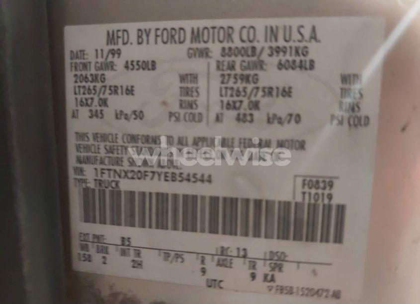 Photo 9 of 2000 Ford F-250 LARIAT/XL/XLT (VIN 1FTNX20F7YEB54544)