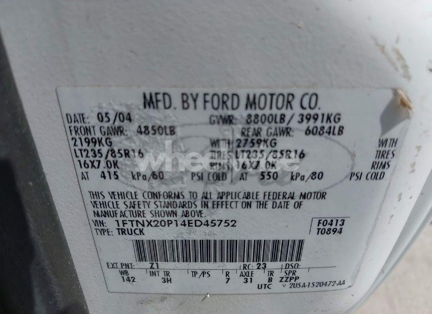 Photo 9 of 2004 Ford F-250 LARIAT/XL/XLT (VIN 1FTNX20P14ED45752)