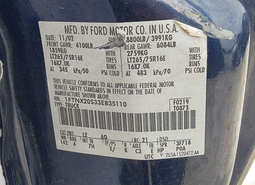 Photo 9 of 2003 Ford F-250 LARIAT/XL/XLT (VIN 1FTNX20S33EB35110)