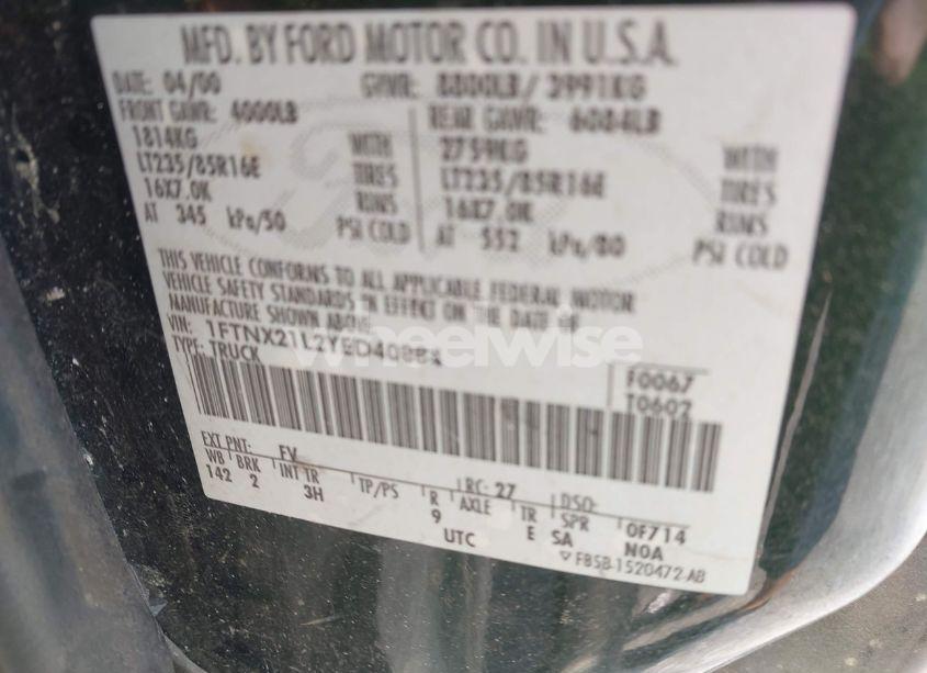 Photo 9 of 2000 Ford F-250 LARIAT/XL/XLT (VIN 1FTNX21L2YED40884)