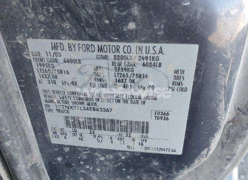 Photo 9 of 2004 Ford F-250 LARIAT/XL/XLT (VIN 1FTNX21L34EB63367)