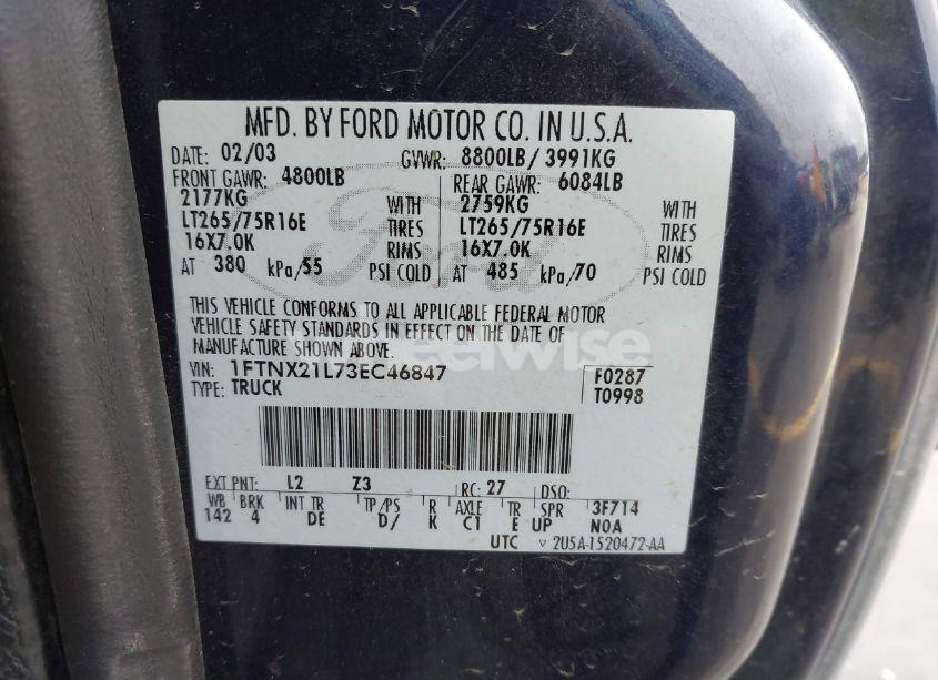 Photo 9 of 2003 Ford F-250 LARIAT/XL/XLT (VIN 1FTNX21L73EC46847)