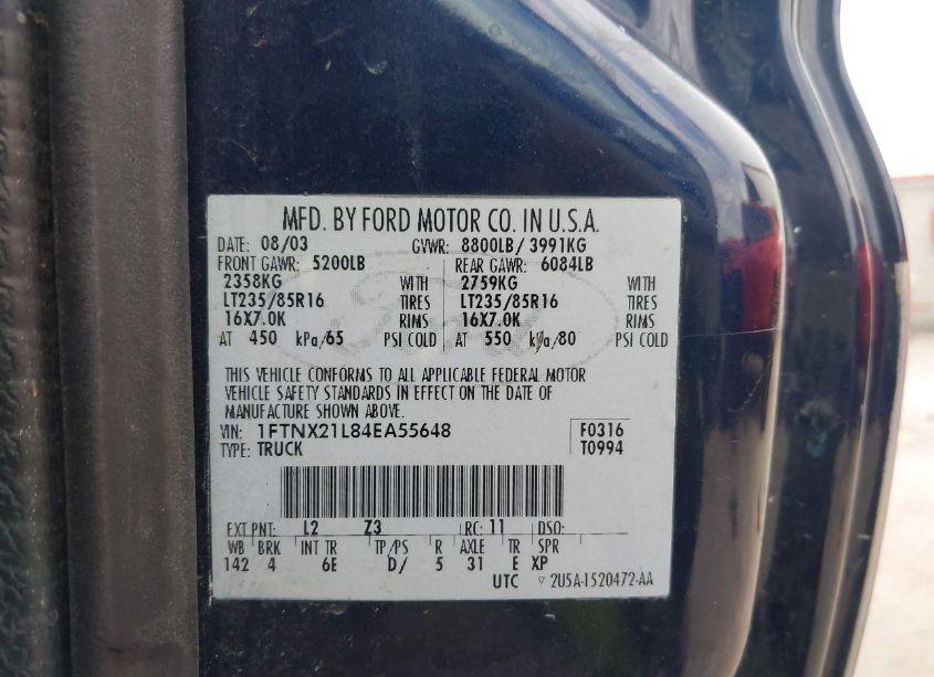 Photo 9 of 2004 Ford F-250 LARIAT/XL/XLT (VIN 1FTNX21L84EA55648)