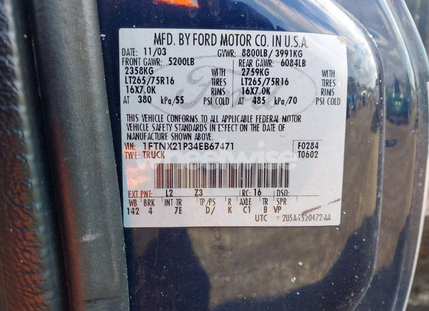 Photo 9 of 2004 Ford F-250 LARIAT/XL/XLT (VIN 1FTNX21P34EB67471)