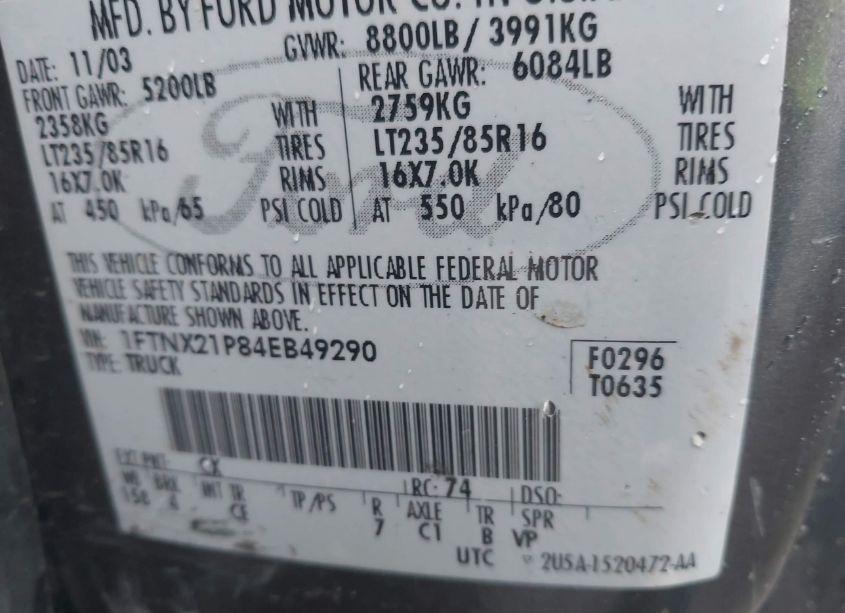 Photo 9 of 2004 Ford F-250 LARIAT/XL/XLT (VIN 1FTNX21P84EB49290)