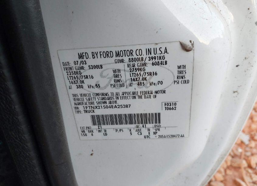 Photo 9 of 2004 Ford F-250 LARIAT/XL/XLT (VIN 1FTNX21S04EA25387)