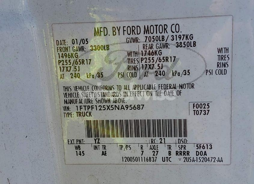 Photo 9 of 2005 Ford F-150 XL/XLT (VIN 1FTPF125X5NA95687)