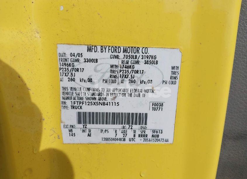 Photo 9 of 2005 Ford F-150 XL/XLT (VIN 1FTPF125X5NB41115)