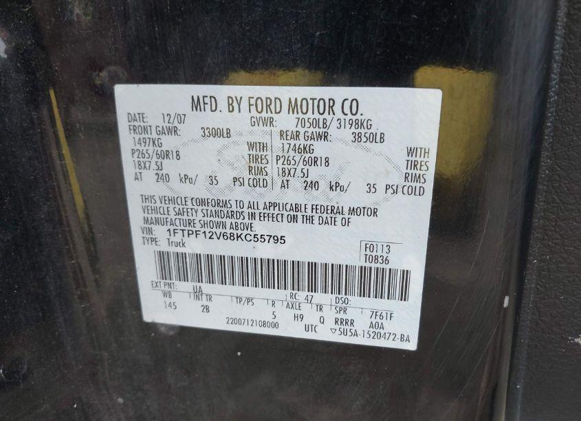 Photo 9 of 2008 Ford F-150 FX2/XL/XLT (VIN 1FTPF12V68KC55795)