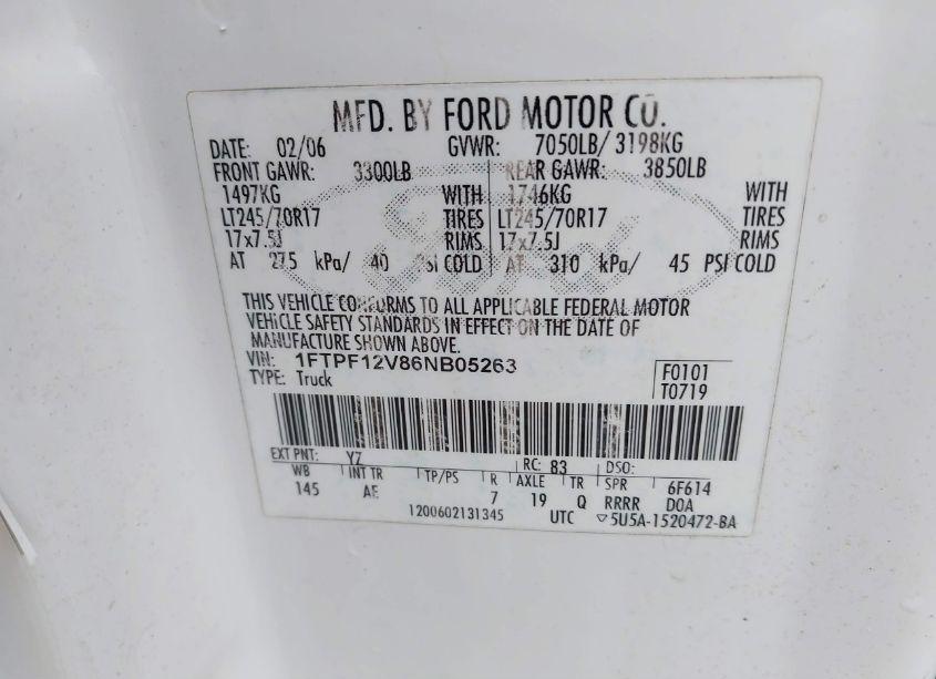 Photo 9 of 2006 Ford F-150 XL/XLT (VIN 1FTPF12V86NB05263)