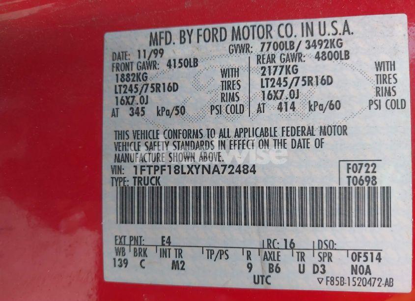Photo 9 of 2000 Ford F-150 WORK SERIES/XL/XLT (VIN 1FTPF18LXYNA72484)