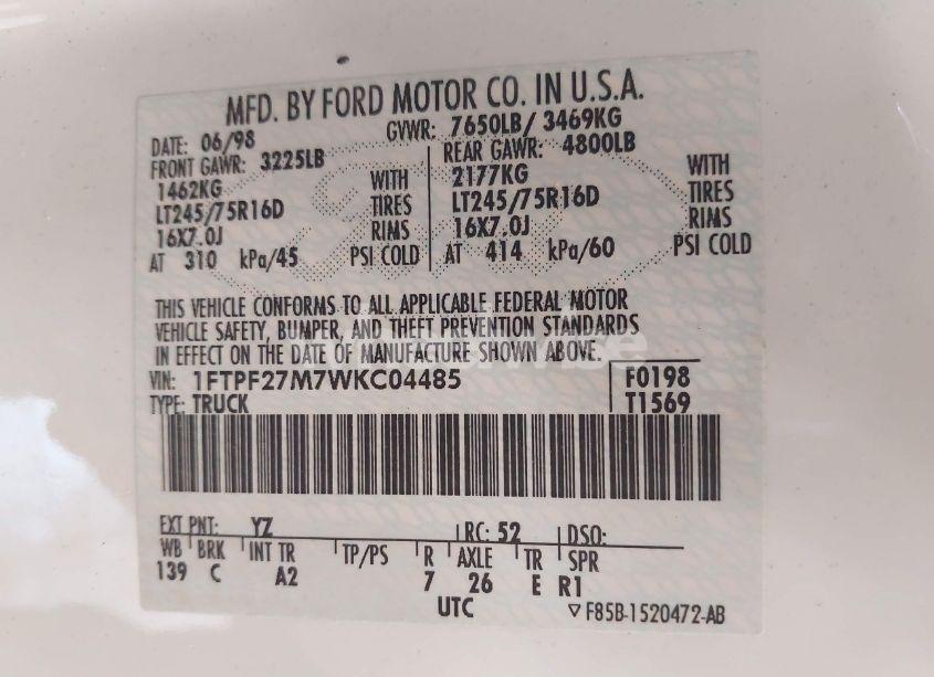 Photo 9 of 1998 Ford F-250 LARIAT/STANDARD/XL/XLT (VIN 1FTPF27M7WKC04485)