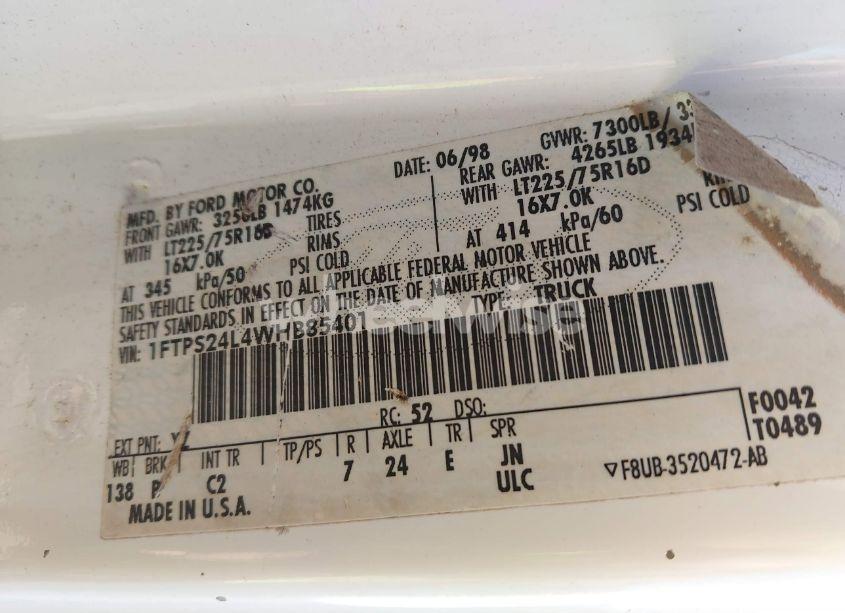 Photo 9 of 1998 Ford E-250 COMMERCIAL/RECREATIONAL (VIN 1FTPS24L4WHB85401)