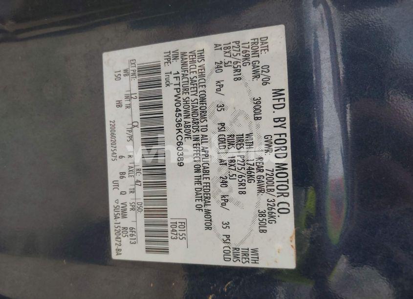 Photo 9 of 2006 Ford F-150 FX4/XLT (VIN 1FTPW04536KC60389)