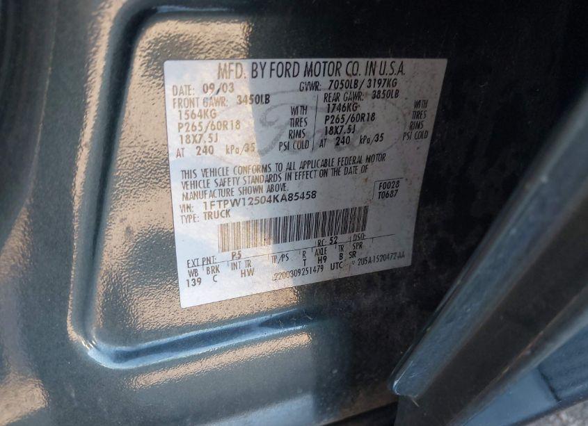 Photo 9 of 2004 Ford F-150 LARIAT/XLT (VIN 1FTPW12504KA85458)