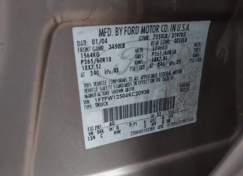 Photo 9 of 2004 Ford F-150 LARIAT/XLT (VIN 1FTPW12504KC20938)