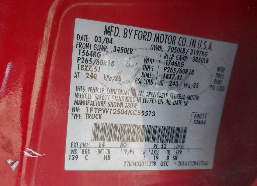 Photo 9 of 2004 Ford F-150 LARIAT/XLT (VIN 1FTPW12504KC55513)