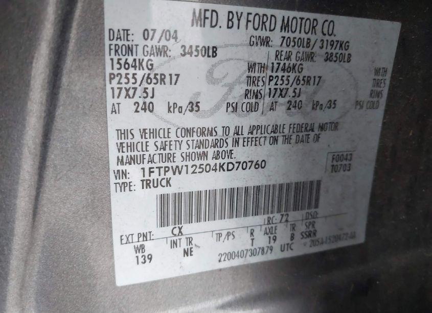 Photo 9 of 2004 Ford F-150 LARIAT/XLT (VIN 1FTPW12504KD70760)