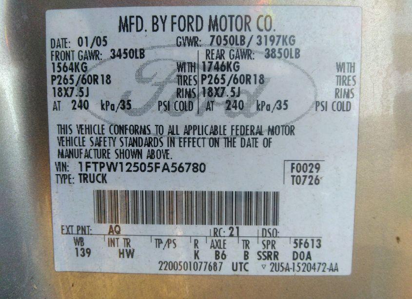 Photo 9 of 2005 Ford F-150 LARIAT/XLT (VIN 1FTPW12505FA56780)