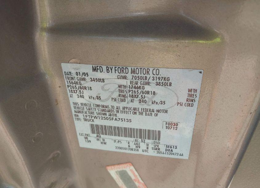 Photo 9 of 2005 Ford F-150 LARIAT/XLT (VIN 1FTPW12505FA75135)
