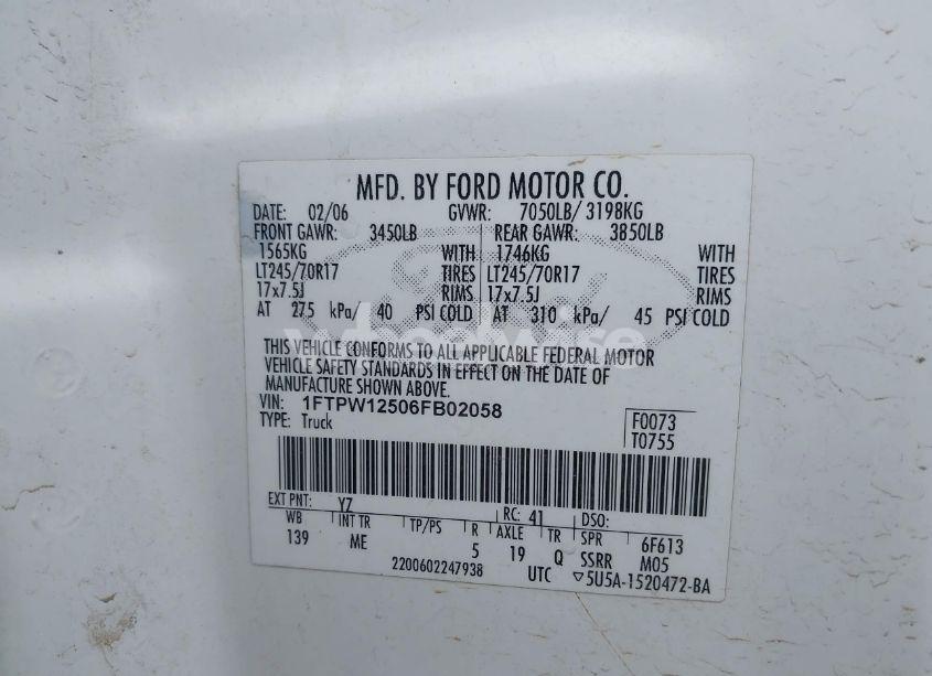 Photo 9 of 2006 Ford F-150 LARIAT/XLT (VIN 1FTPW12506FB02058)