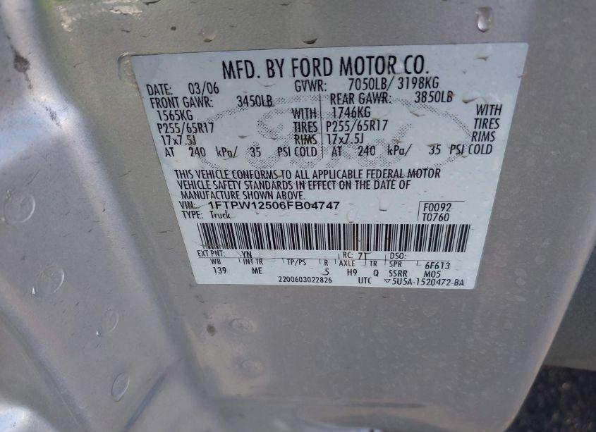 Photo 9 of 2006 Ford F-150 LARIAT/XLT (VIN 1FTPW12506FB04747)