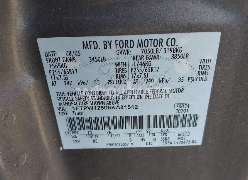 Photo 9 of 2006 Ford F-150 LARIAT/XLT (VIN 1FTPW12506KA81512)